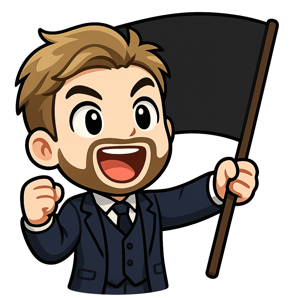 A young man in a 3 piece navy suit, blonde / brown hair and a well-kept beard holding a big plain black flag while cheering