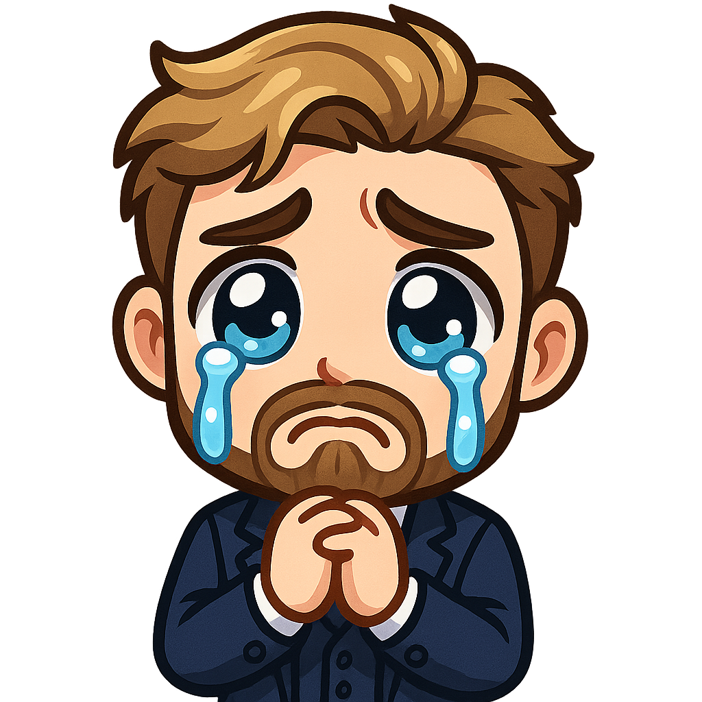 A young man in a 3 piece navy suit, blonde / brown hair and a well-kept beard with sad pleading teary eyes