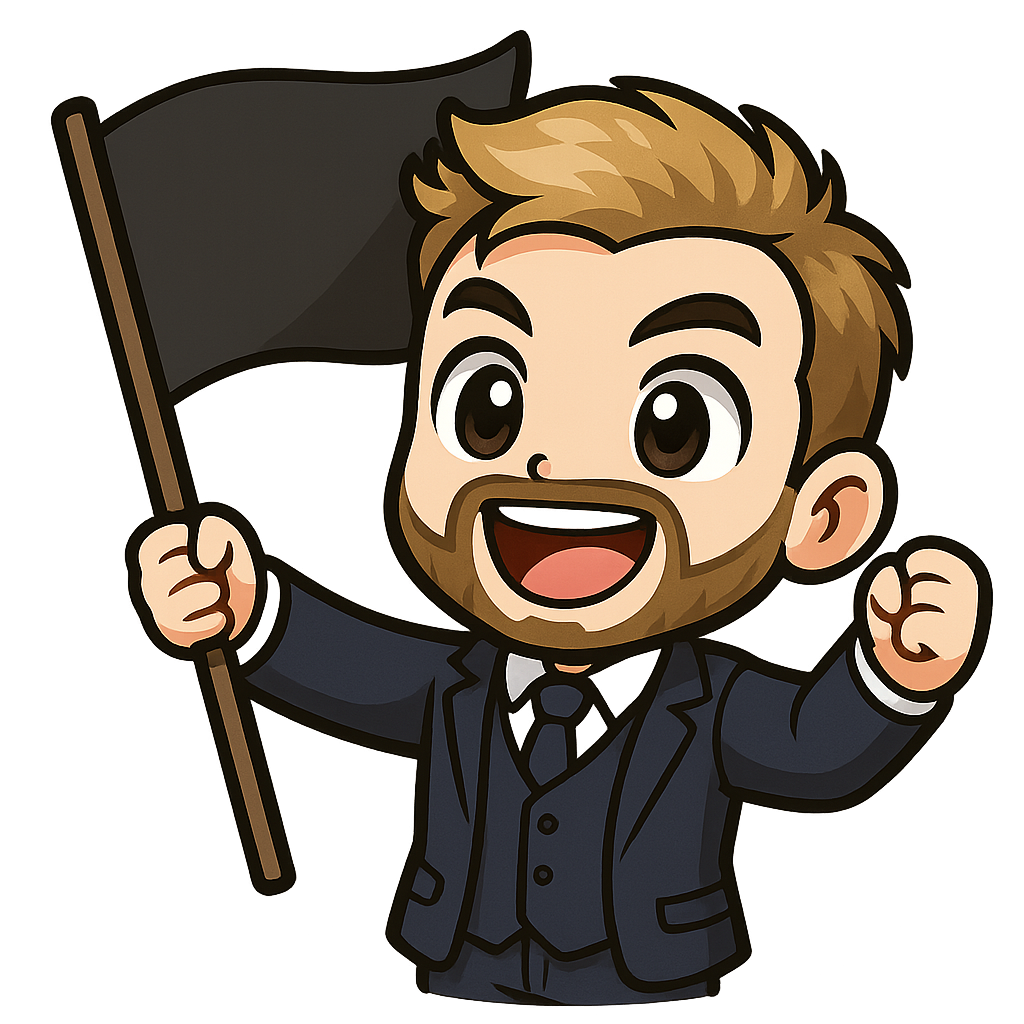 A young man in a 3 piece navy suit, blonde / brown hair and a well-kept beard holding a big plain black flag while cheering