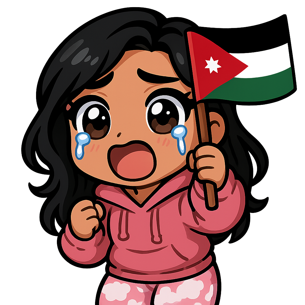 a beautiful young lady, slightly tanned, with black hair, wearing a pink hoodie and fluffy pink and white pyjama bottoms holding a Jordan flag
