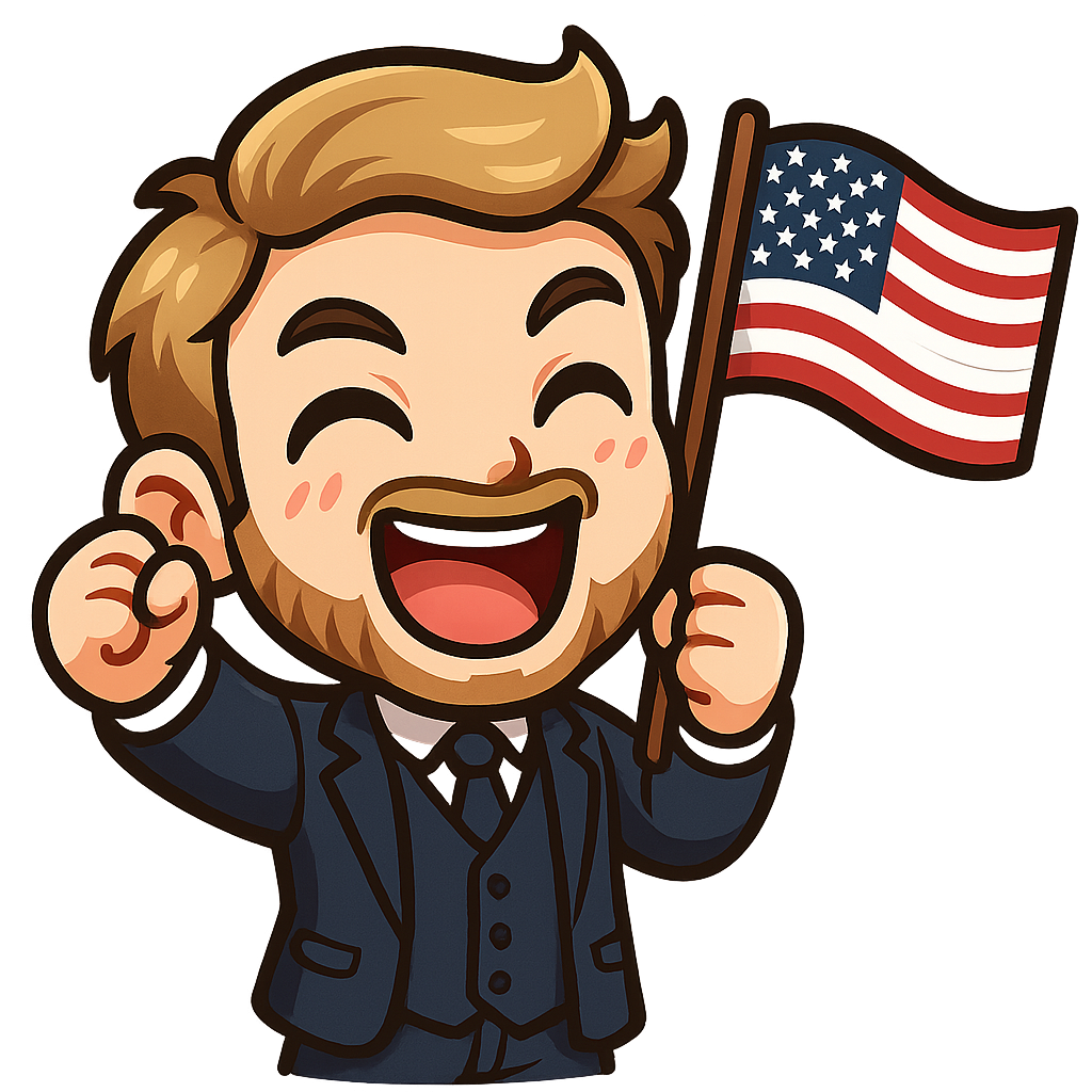 A young man in a 3 piece navy suit, blonde / brown hair and a well-kept beard cheering while holding a flag