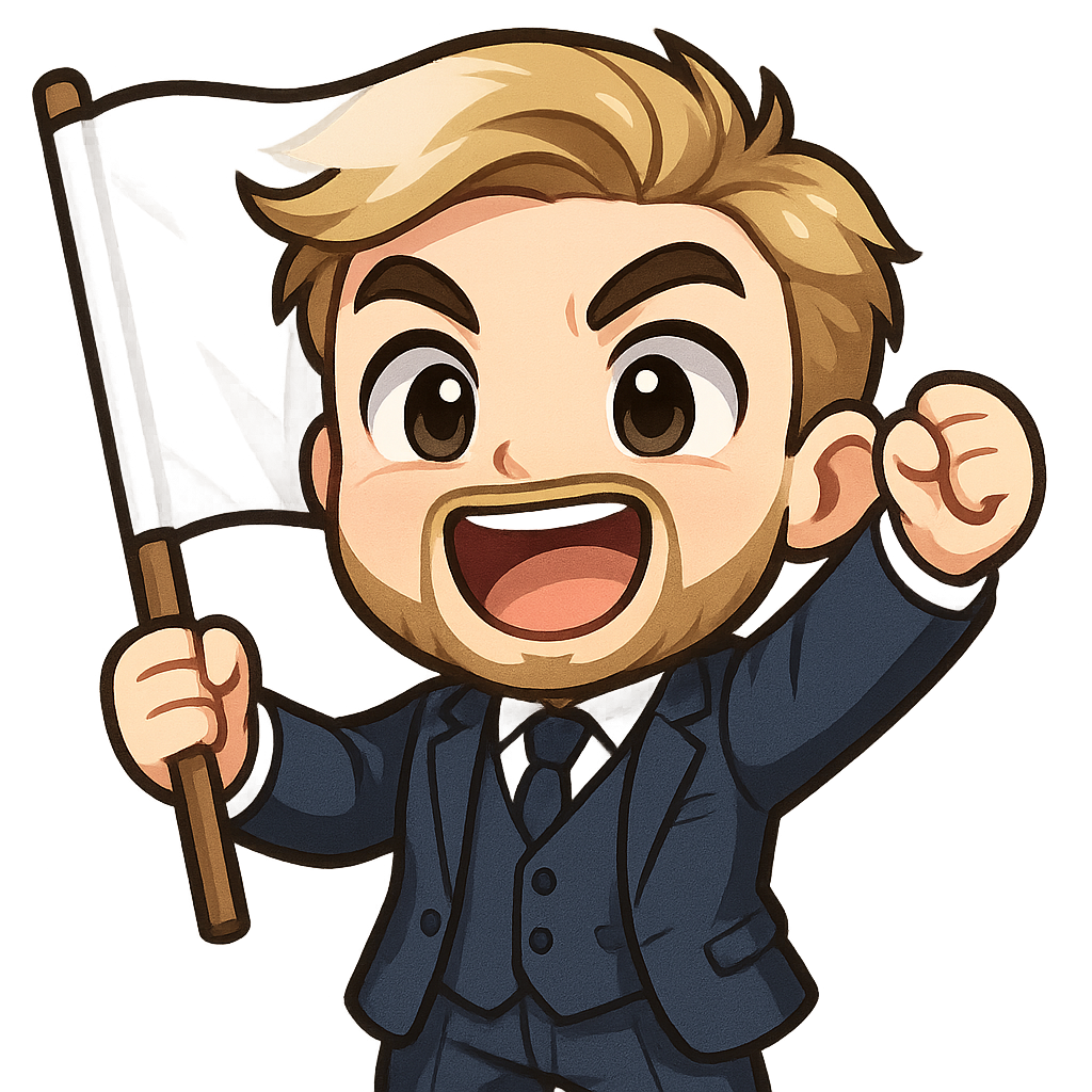A young man in a 3 piece navy suit, blonde / brown hair and a well-kept beard holding a big plain white flag while cheering