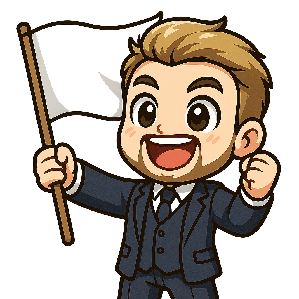 A young man in a 3 piece navy suit, blonde / brown hair and a well-kept beard holding a big plain white flag while cheering