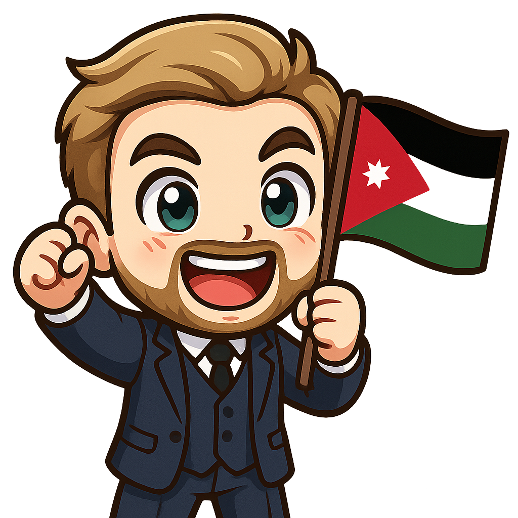 A young man in a 3 piece navy suit, blonde / brown hair and a well-kept beard cheering while holding a Jordan flag