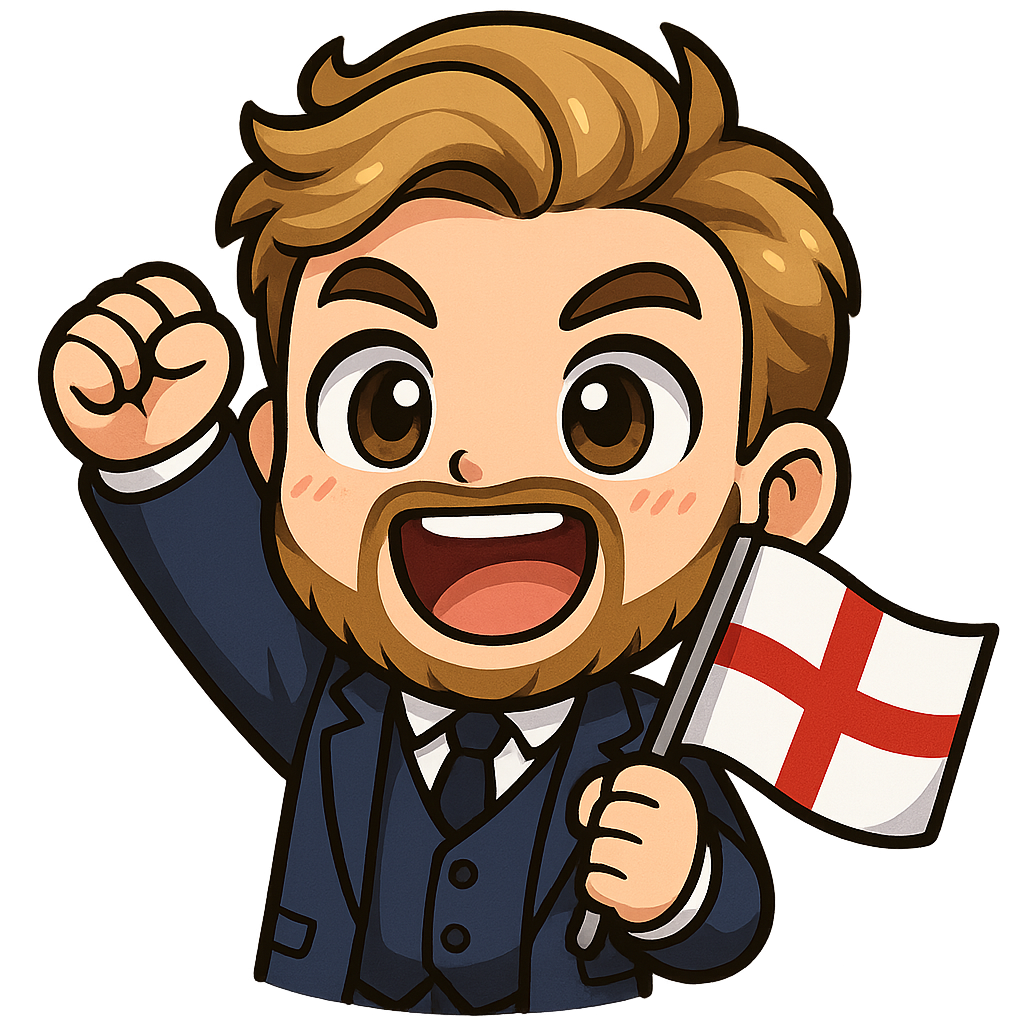A young man in a 3 piece navy suit, blonde / brown hair and a well-kept beard cheering while holding an england flag