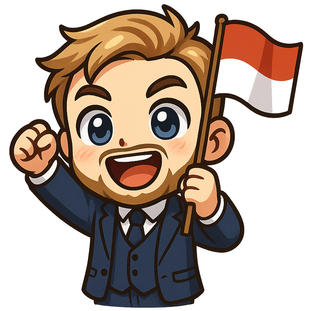 A young man in a 3 piece navy suit, blonde / brown hair and a well-kept beard cheering while holding a flag
