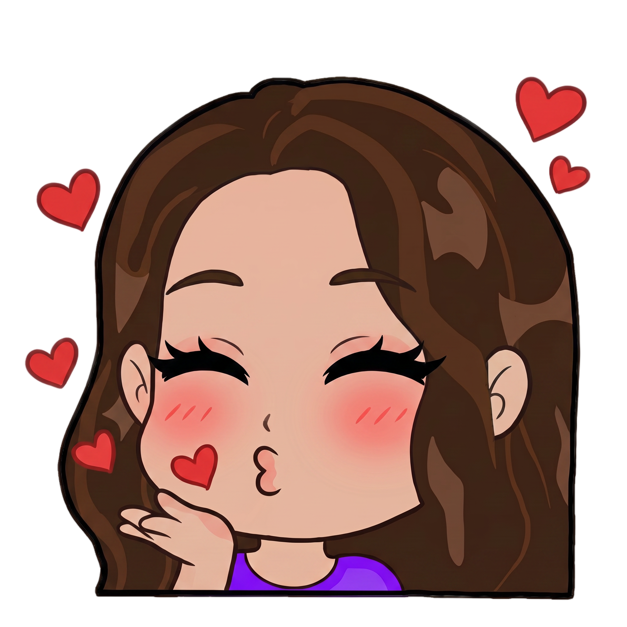 Change this emote to blowing a kiss with hearts floating around, eyes closed sweetly, and one hand near the lips. Keep the exact same character design, outfit, colors, and art style.