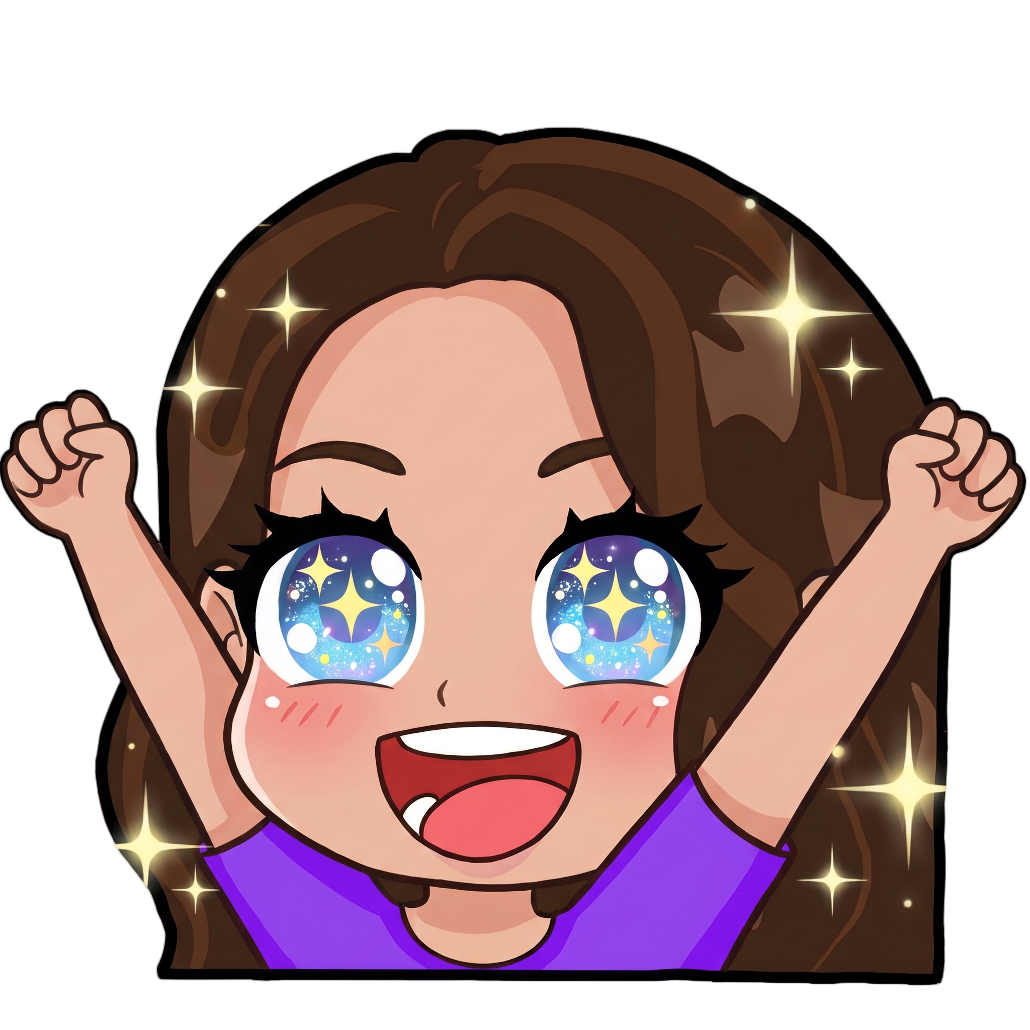 Change this emote's expression to excited and hyped with wide sparkling eyes, open mouth cheering, and raised arms. Keep the exact same character design, outfit, colors, and art style.