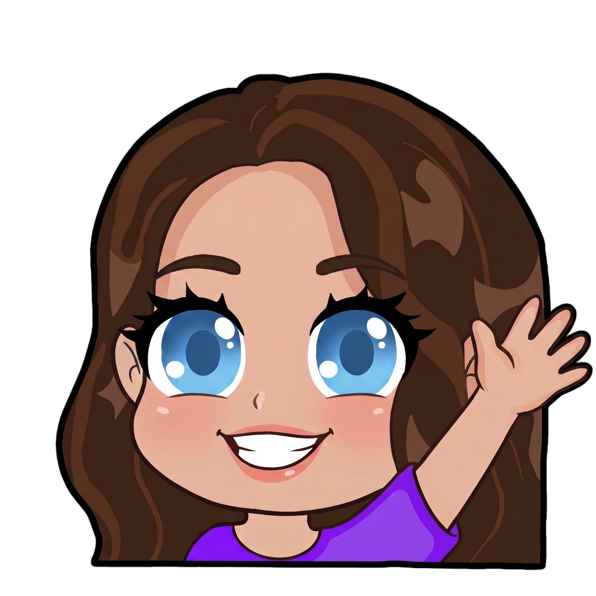 Change this emote to waving hello with one hand raised and a friendly warm smile. Keep the exact same character design, outfit, colors, and art style.