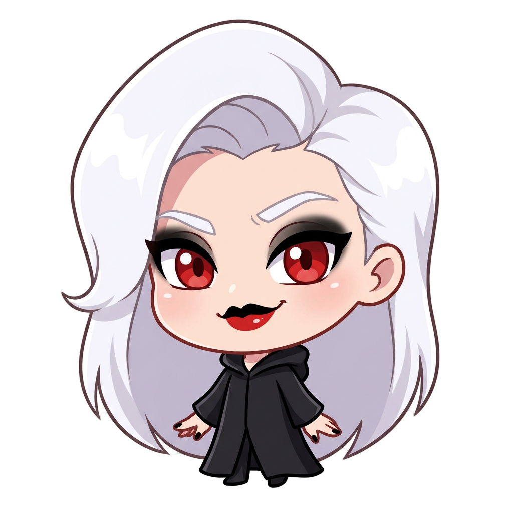 she has long Diamond white hair, and her skin tone is lighter. and she has Black up lips and Red down lips, black eyeshadow, eyes color is Red. and she has black eyeshadow, and Black nails. and her eyebrow is white. No piercings and No tail ring and No earring. Sexy Death.
