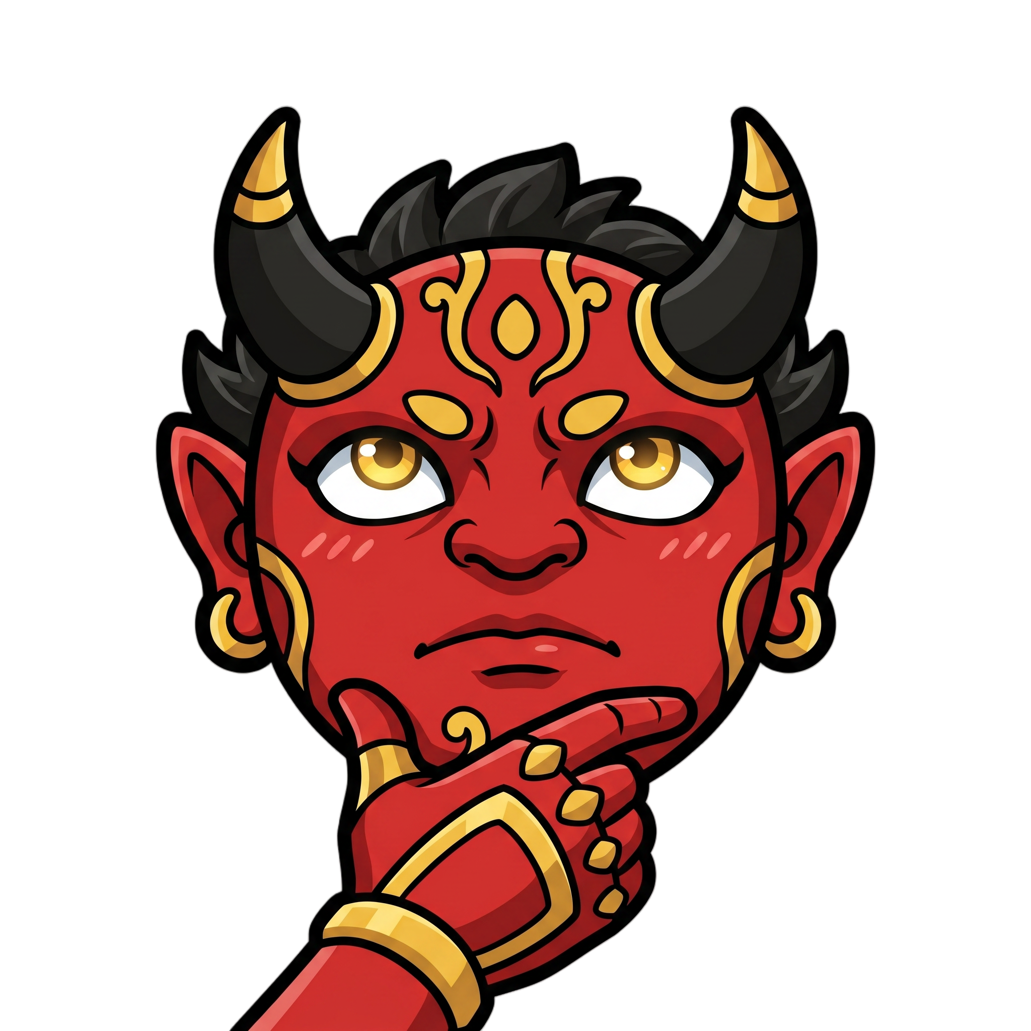 Change this emote's expression to deep in thought with one hand on chin, eyes looking up, and a contemplative expression. Keep the exact same character design, outfit, colors, and art style.