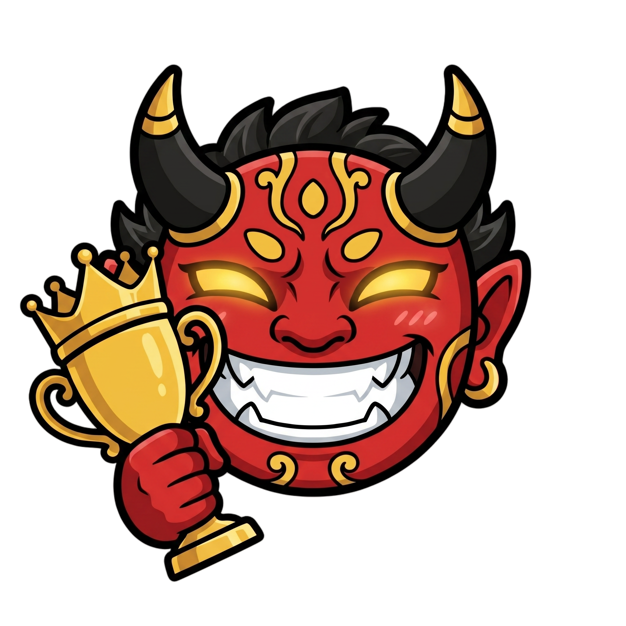 Change this emote's expression to victorious and proud, holding up a trophy or giving a thumbs up with a satisfied grin. Keep the exact same character design, outfit, colors, and art style.