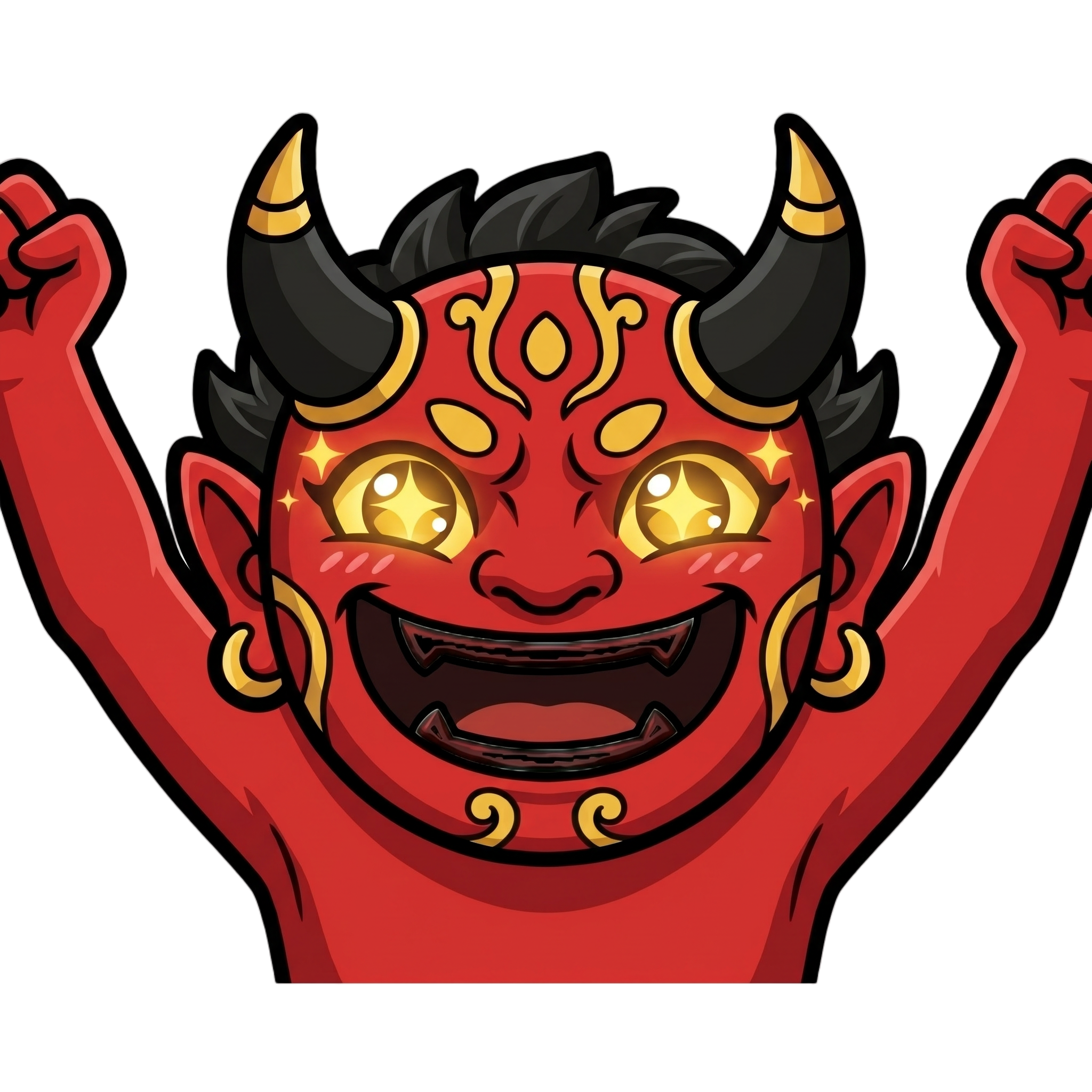 Change this emote's expression to excited and hyped with wide sparkling eyes, open mouth cheering, and raised arms. Keep the exact same character design, outfit, colors, and art style.