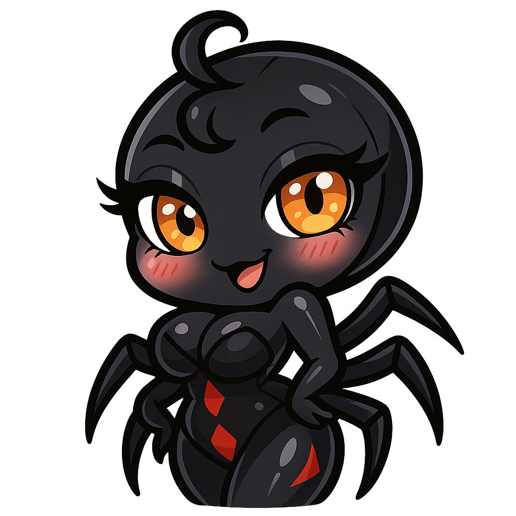 Emote de veuve noire kawaii sexy, mascotte cartoon inspirée d’une araignée veuve noire avec une silhouette féminine attirante, poitrine généreuse, taille marquée et belles hanches larges, corps noir brillant avec marquages rouges élégants, grands yeux orange brillants avec longs cils, regard charmeur et expression malicieuse, légère pose aguicheuse mais cute, joues rosées, petite mèche bouclée sur la tête, détails rappelant une araignée stylisée, petites pattes discrètes et élégantes, ombrage doux, contours épais et propres, style anime/chibi, couleurs noir, rouge et touches pastel, style sticker/emote haute qualité, ambiance playful et séduisante, proportions stylisées non réalistes, fond transparent.