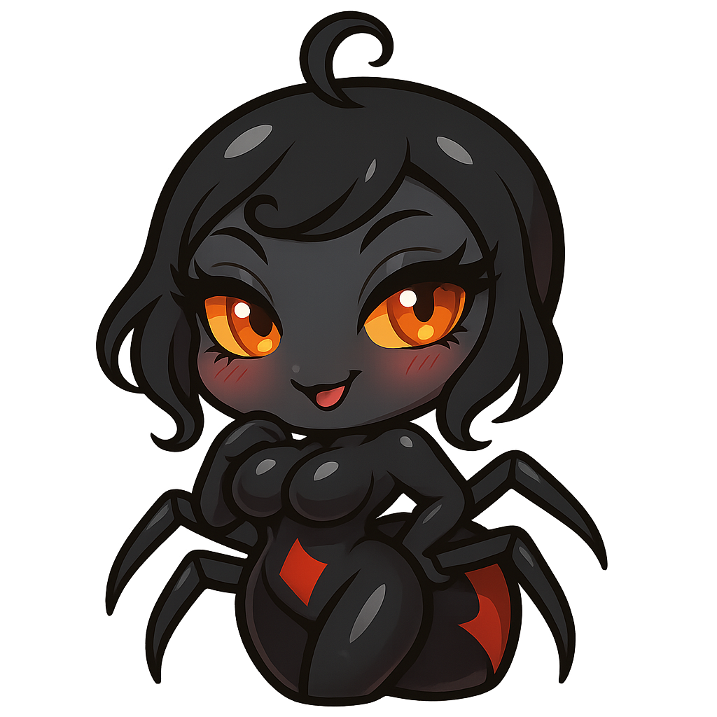Emote de veuve noire kawaii sexy, mascotte cartoon inspirée d’une araignée veuve noire avec une silhouette féminine attirante, poitrine généreuse, taille marquée et belles hanches larges, corps noir brillant avec marquages rouges élégants, grands yeux orange brillants avec longs cils, regard charmeur et expression malicieuse, légère pose aguicheuse mais cute, joues rosées, petite mèche bouclée sur la tête, détails rappelant une araignée stylisée, petites pattes discrètes et élégantes, ombrage doux, contours épais et propres, style anime/chibi, couleurs noir, rouge et touches pastel, style sticker/emote haute qualité, ambiance playful et séduisante, proportions stylisées non réalistes, fond transparent.
