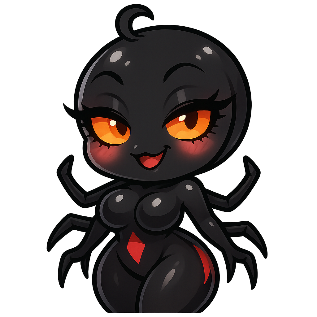 “Emote de veuve noire kawaii sexy et prédatrice, mascotte cartoon inspirée d’une araignée veuve noire avec une silhouette féminine attirante, poitrine généreuse, taille marquée et belles hanches larges, corps noir brillant avec marquages rouges élégants, grands yeux orange brillants avec longs cils, regard prédateur et charmeur, sourire malicieux, légère pose aguicheuse mais cute, joues rosées, petite mèche bouclée sur la tête, détails rappelant une araignée stylisée, petites pattes discrètes et élégantes, ombrage doux, contours épais et propres, style anime/chibi, couleurs noir, rouge et touches pastel, style sticker/emote haute qualité, ambiance playful, séduisante et dominante, proportions stylisées non réalistes, fond transparent, animation où elle se déhanche doucement de gauche à droite en boucle, mouvement fluide et hypnotisant.”