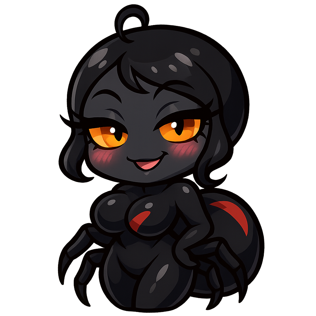 Emote de veuve noire kawaii sexy et prédatrice, mascotte cartoon inspirée d’une araignée veuve noire avec une silhouette féminine attirante, poitrine généreuse, taille marquée et belles hanches larges, corps noir brillant avec marquages rouges élégants, grands yeux orange brillants avec longs cils, regard prédateur et charmeur, sourire malicieux, légère pose aguicheuse mais cute, joues rosées, petite mèche bouclée sur la tête, détails rappelant une araignée stylisée, petites pattes discrètes et élégantes, ombrage doux, contours épais et propres, style anime/chibi, couleurs noir, rouge et touches pastel, style sticker/emote haute qualité, ambiance playful, séduisante et dominante, proportions stylisées non réalistes, fond transparent, animation où elle se déhanche doucement de gauche à droite en boucle, mouvement fluide et hypnotisant.”
