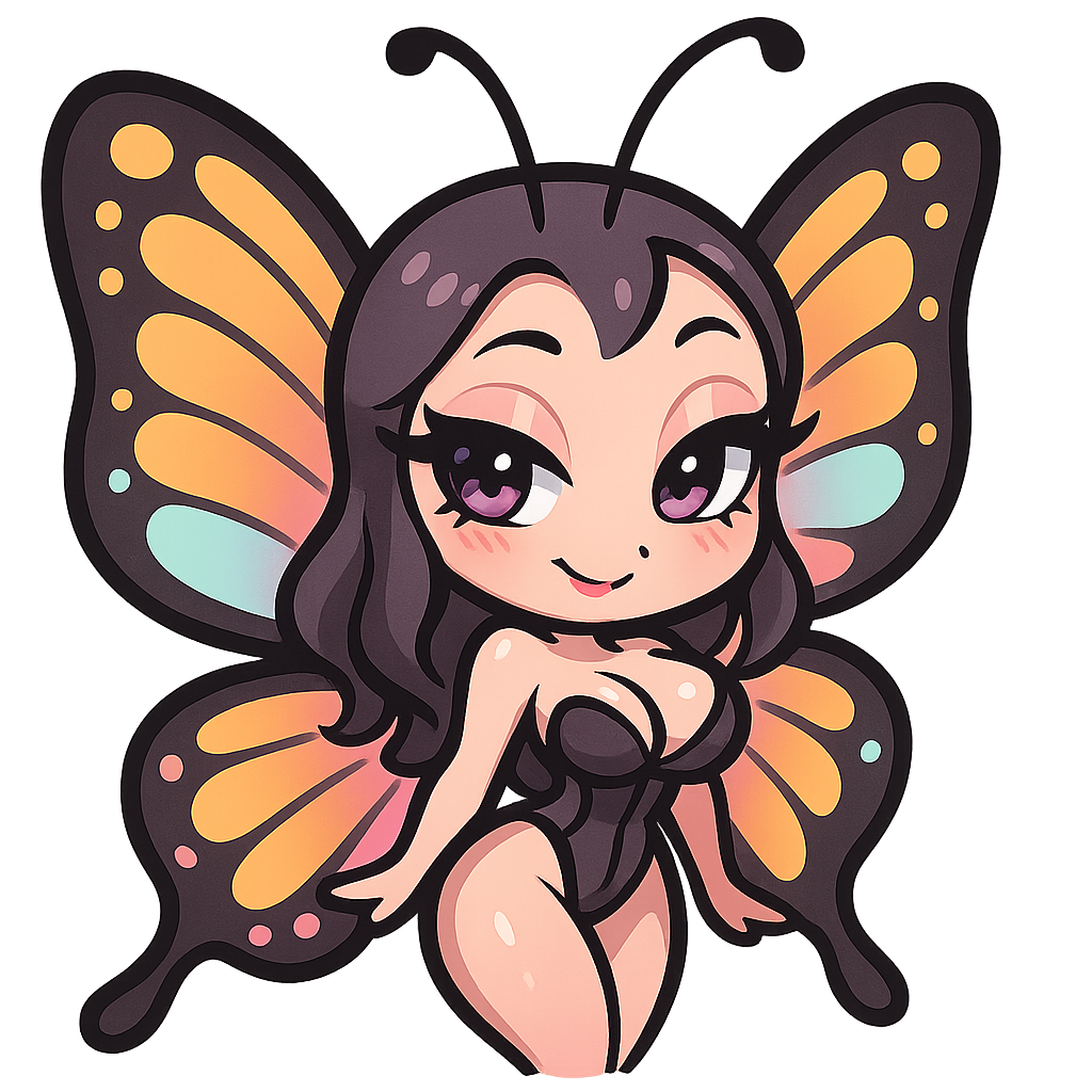 > **“Emote de papillon kawaii, mascotte cartoon inspirée d’un papillon avec une silhouette féminine attirante, poitrine généreuse, taille marquée et belles hanches larges, grandes ailes élégantes et colorées, corps fin avec détails noirs et pastel, grands yeux brillants avec longs cils, regard charmeur et malicieux, légère pose aguicheuse mais cute, petites antennes fines, ombrage doux, contours épais et propres, style anime/chibi, couleurs vibrantes et touches pastel, style sticker/emote haute qualité, ambiance séduisante et élégante, proportions stylisées non réalistes, fond transparent.”**
