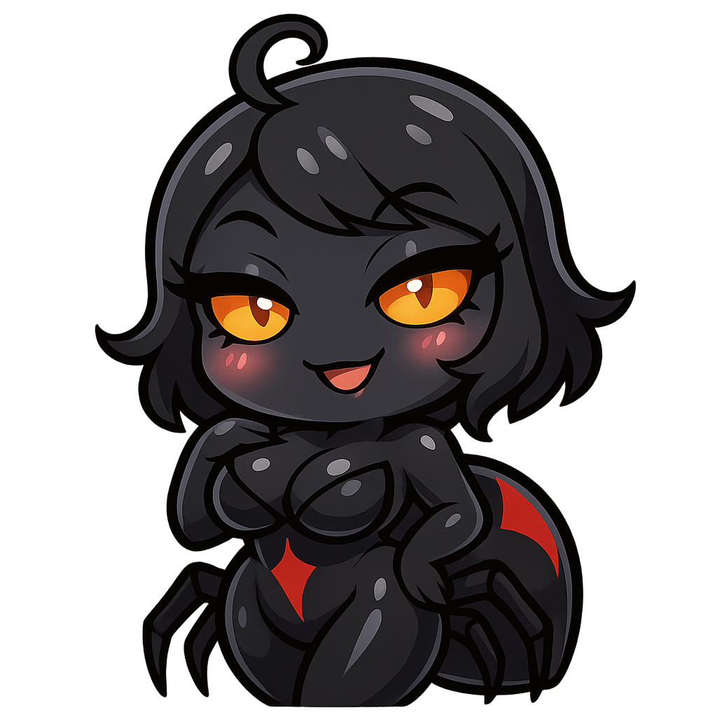 “Emote de veuve noire kawaii sexy et prédatrice, mascotte cartoon inspirée d’une araignée veuve noire avec une silhouette féminine attirante, poitrine généreuse, taille marquée et belles hanches larges, corps noir brillant avec marquages rouges élégants, grands yeux orange brillants avec longs cils, regard prédateur et charmeur, sourire malicieux, légère pose aguicheuse mais cute, joues rosées, petite mèche bouclée sur la tête, détails rappelant une araignée stylisée, petites pattes discrètes et élégantes, ombrage doux, contours épais et propres, style anime/chibi, couleurs noir, rouge et touches pastel, style sticker/emote haute qualité, ambiance playful, séduisante et dominante, proportions stylisées non réalistes, fond transparent, animation où elle se déhanche doucement de gauche à droite en boucle, mouvement fluide et hypnotisant.”