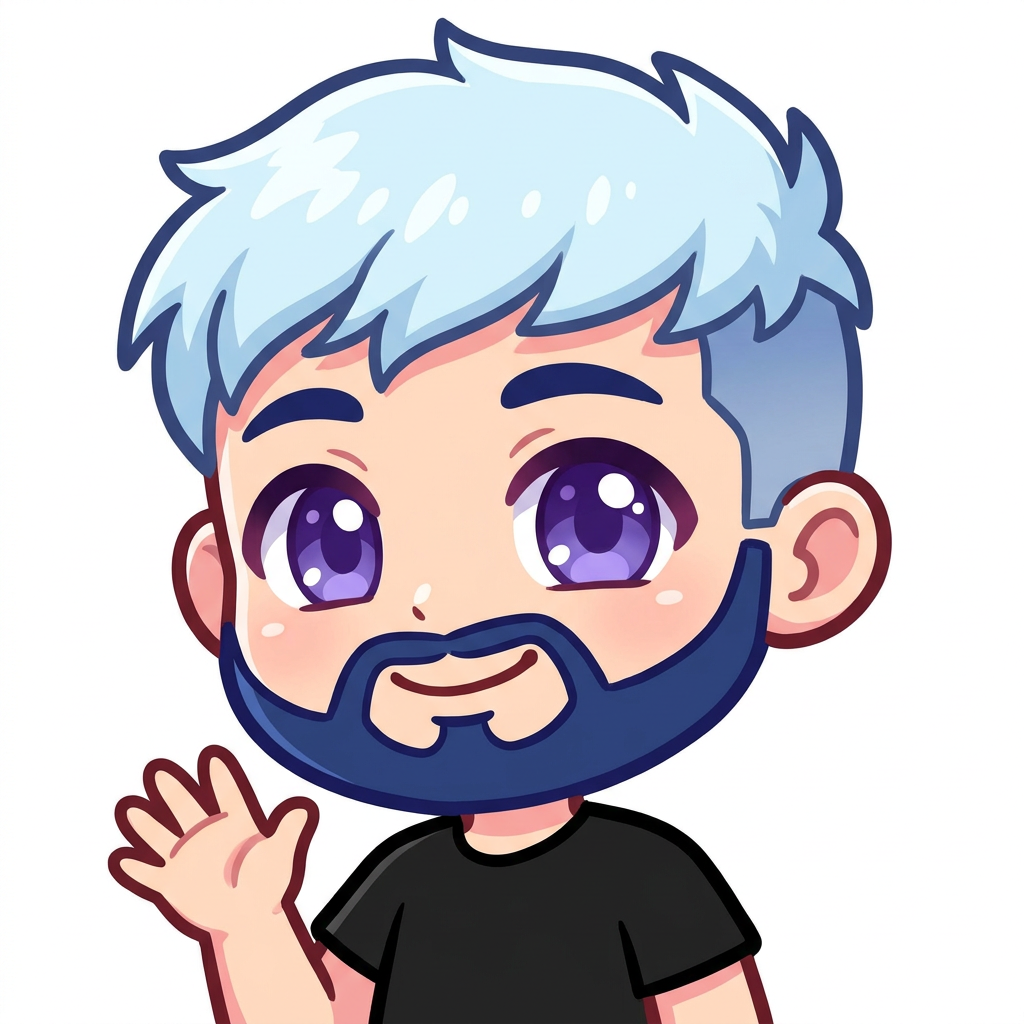 a male with icy blue hair that is short on the sides. short and messy on the top top. he also have a navy blue beard and sparkling purple eyes. wearing a black shirt, smiling and waving