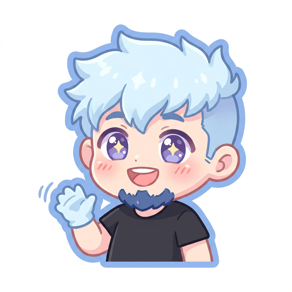 a male with icy blue hair that is short on the sides. short and messy on the top top. he also have a short navy blue beard and sparkling purple eyes. wearing a black shirt, smiling and waving