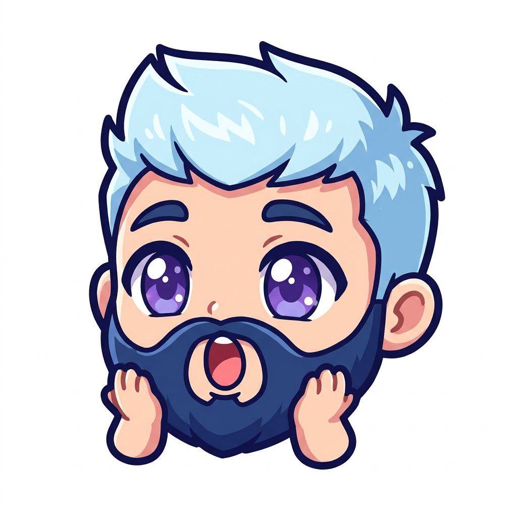 a male with icy blue hair that is short on the sides and short and messy on top. he also have a navy blue beard and sparkling purple eyes.