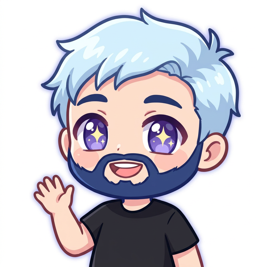 a male with icy blue hair that is short on the sides and short and messy on top. he also have a navy blue beard and sparkling purple eyes. wearing a black shirt, smiling and waving