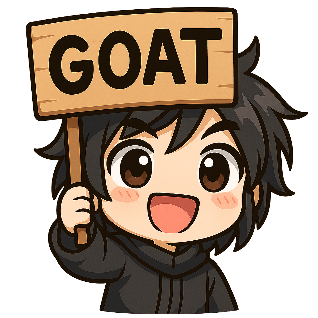 personnage mignon style darkhane avec une pancarte goat 