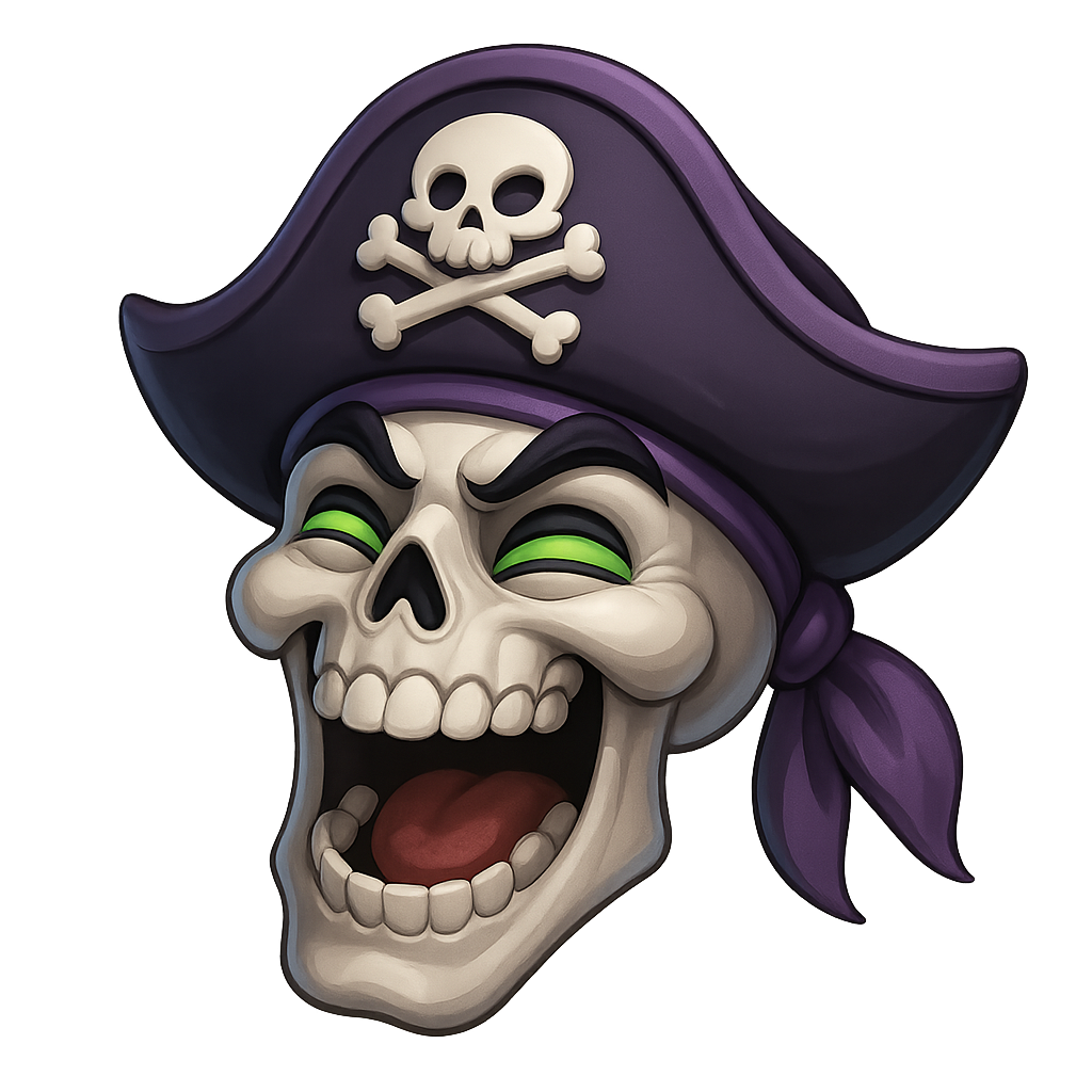 a black white purple pirate skull captain with green eyes laughing