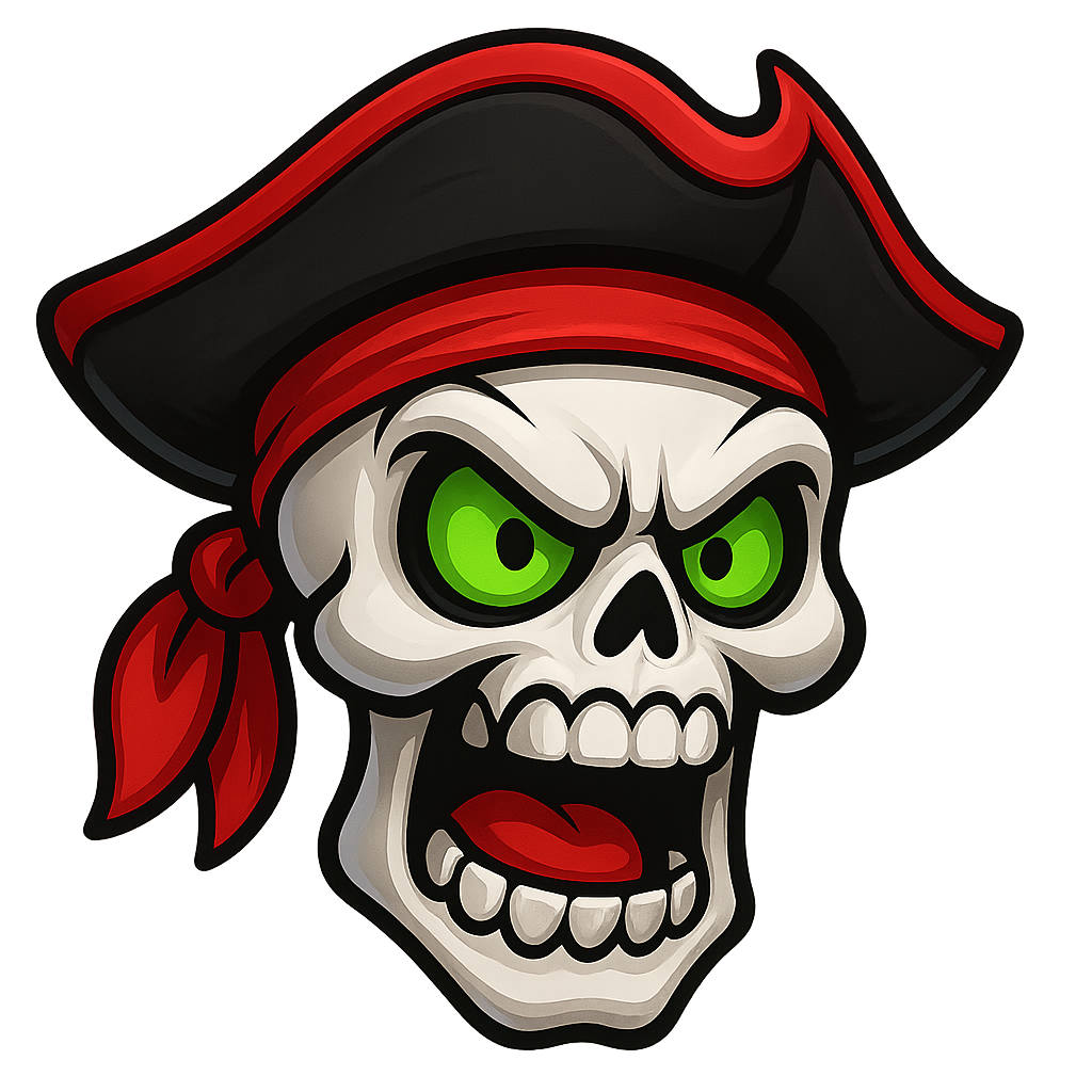 a black white red pirate skull captain with green eyes
