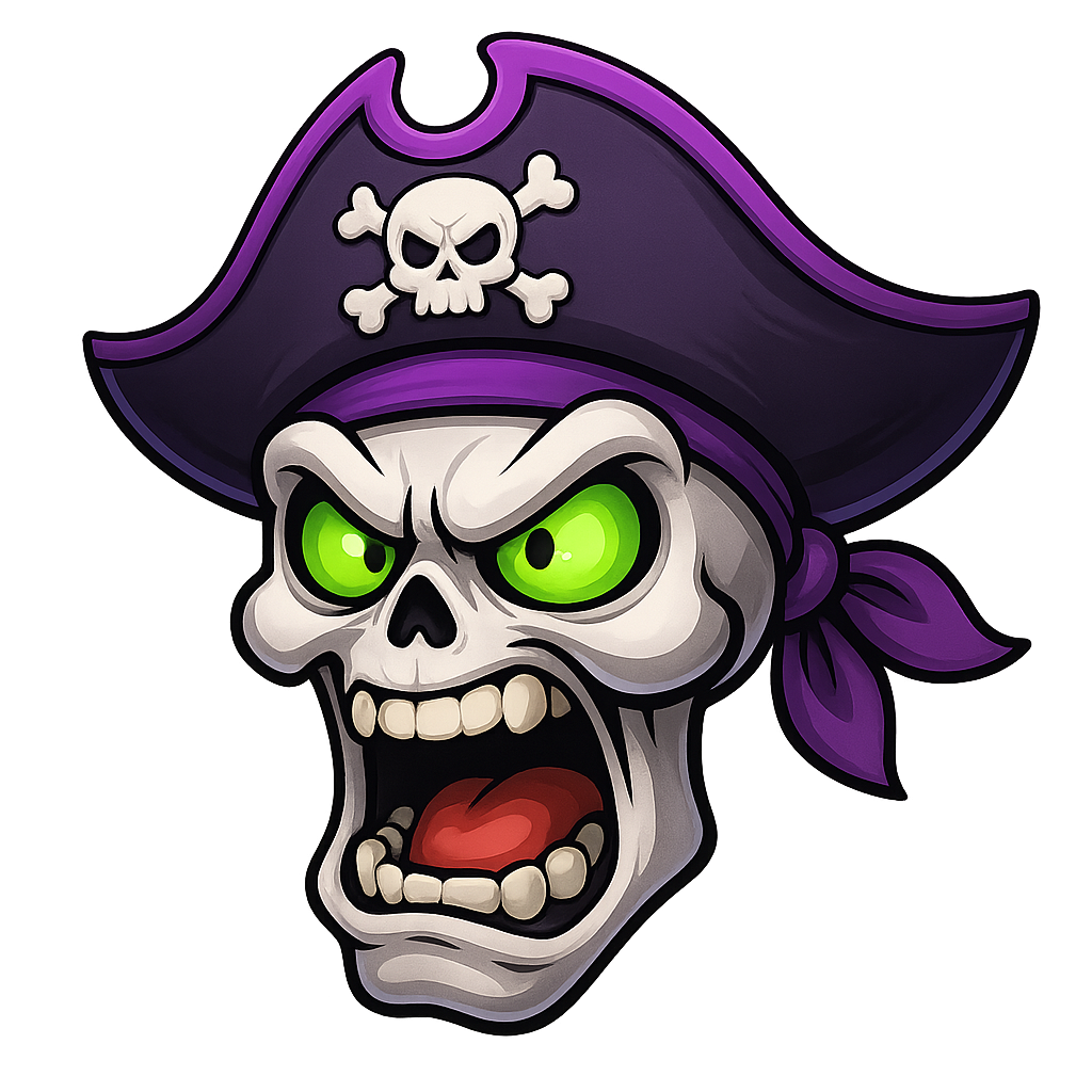 a black white purple pirate skull captain with green eyes