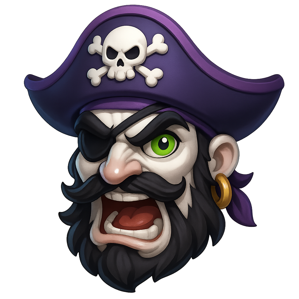 a black white purple pirate captain with green eyes