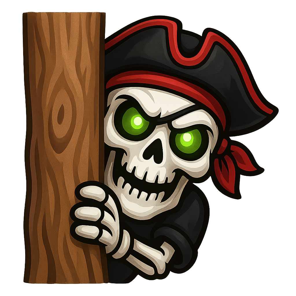 a black white red pirate skull captain with green eyes hiding behind a tree