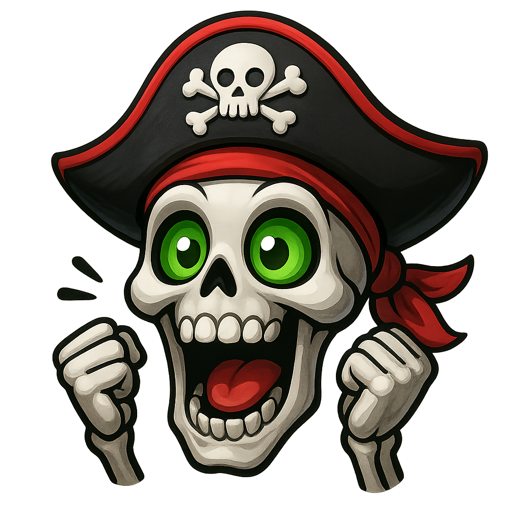 a black white red pirate skull captain with green eyes excited