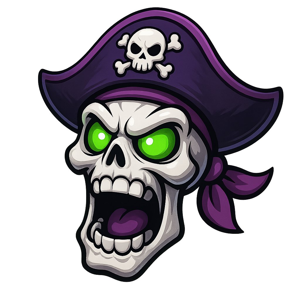 a black white purple pirate skull captain with green eyes