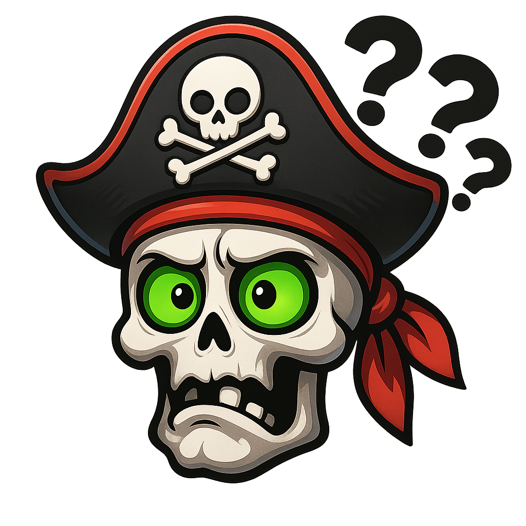 a black white red pirate skull captain with green eyes confused