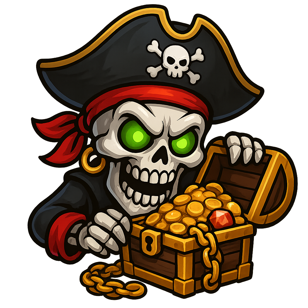 a black white red pirate skull captain with green eyes looting treasure