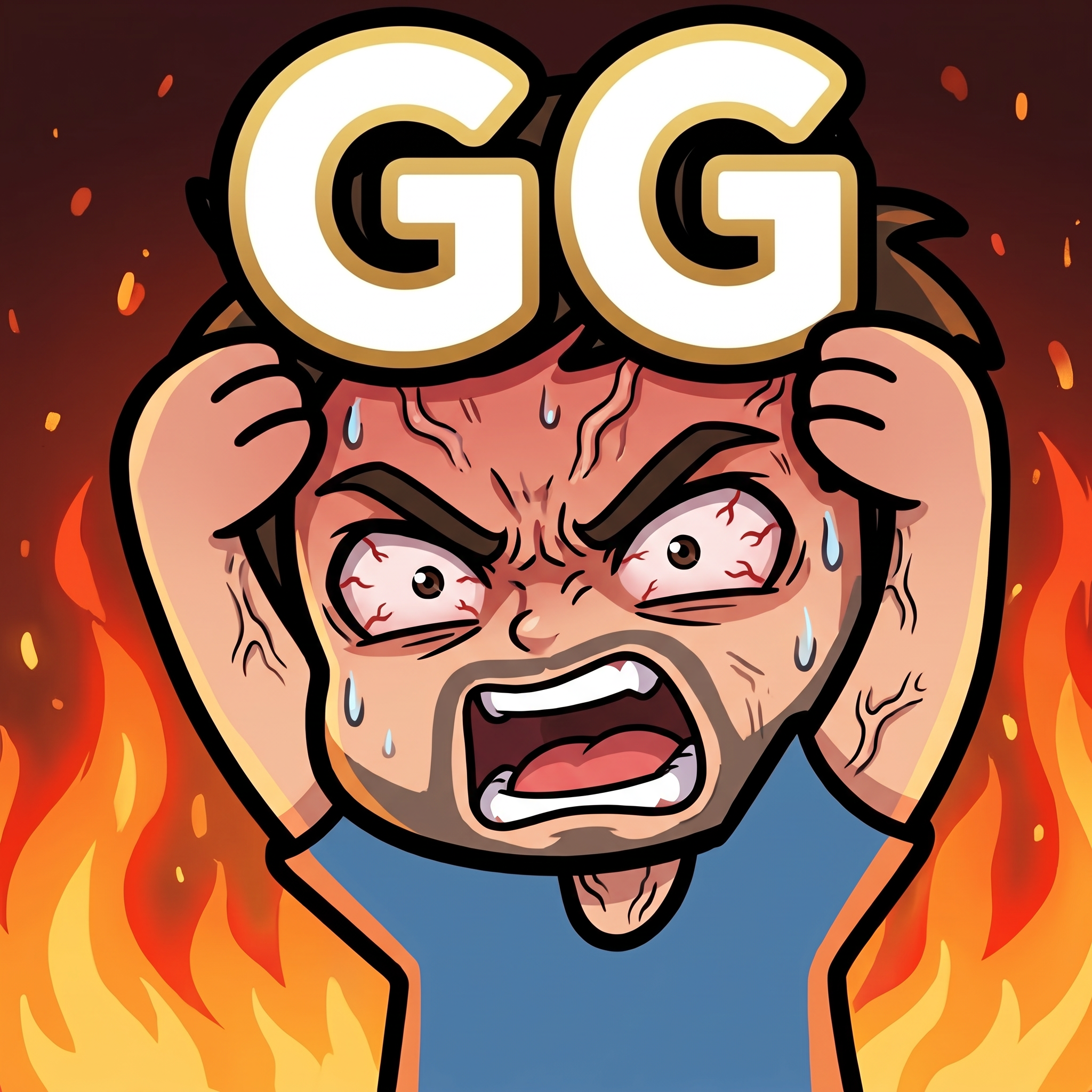 Change this emote's expression to furious rage with flames in the background, veins popping, and an intense scream. Keep the exact same character design, outfit, colors, and art style.