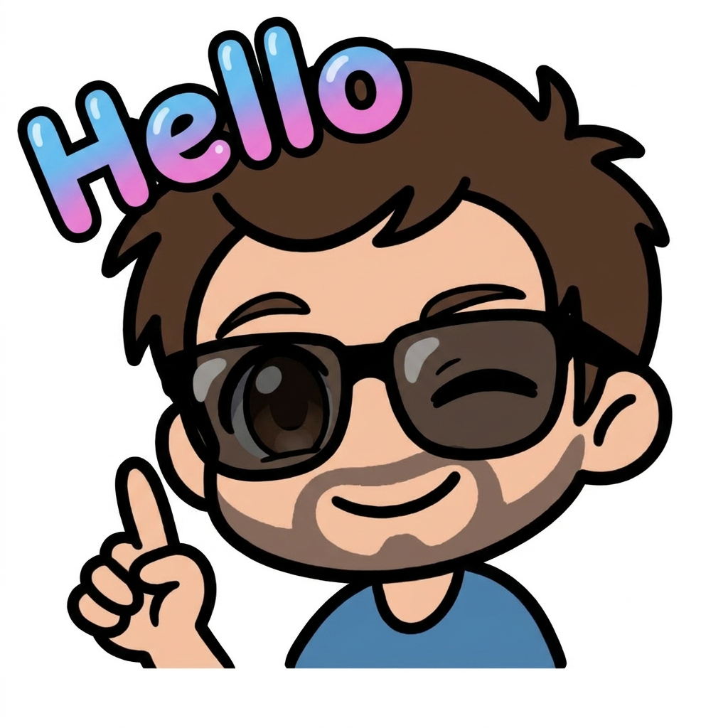 Un personnage avec des lunettes de soleil, qui cligne de l'œil et pointe un doigt vers le haut, accompagné d'un texte 'Hello' en bleu et rose au-dessus