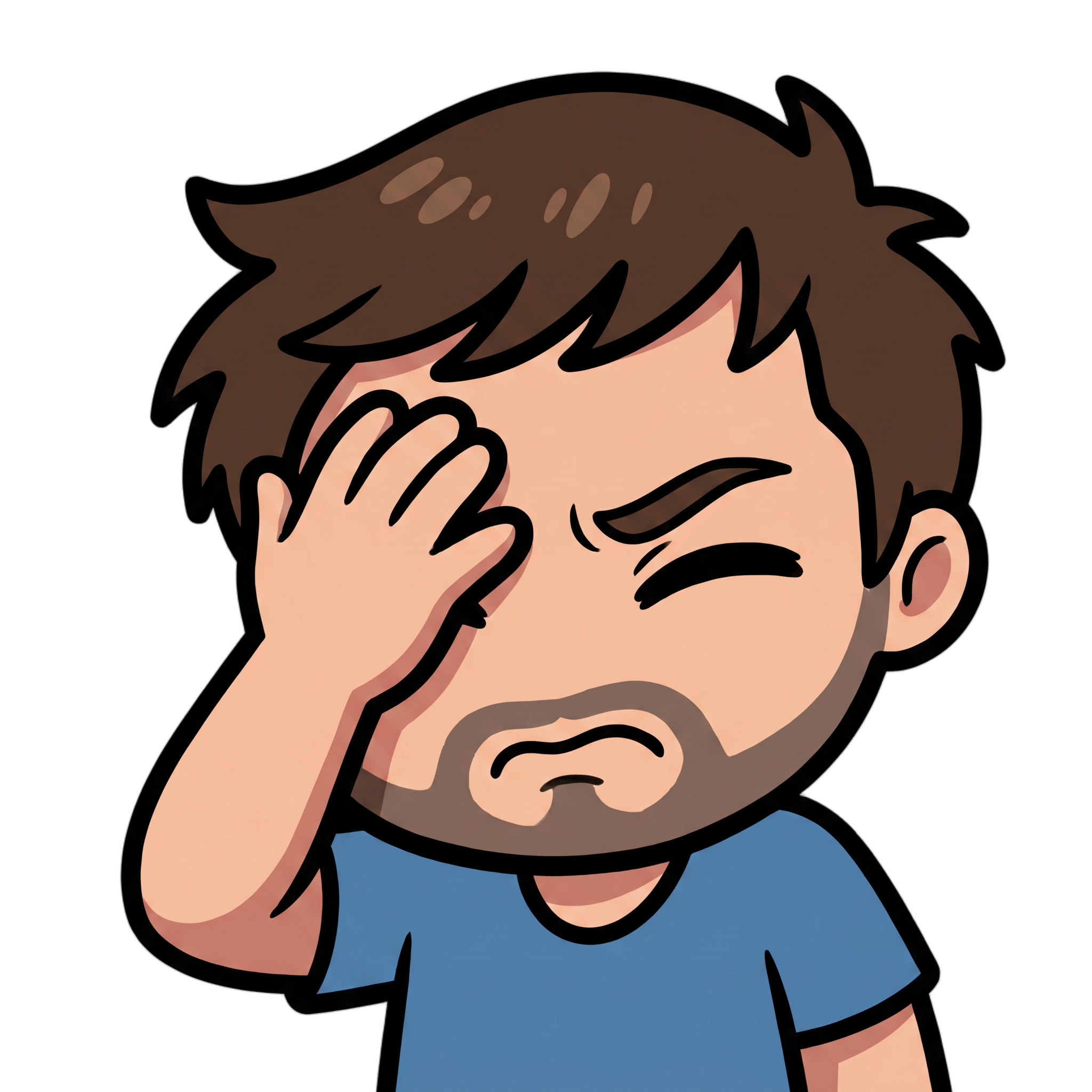 Change this emote to doing a facepalm with one hand covering the face and a frustrated or embarrassed expression. Keep the exact same character design, outfit, colors, and art style.