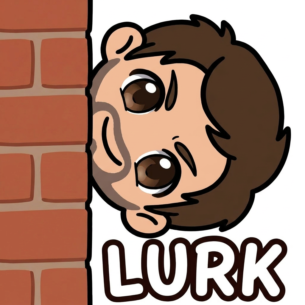 Refait la meme image mais sans la main et avec la tete incliné a 90° comme si le personnage se montrait derrière le mur. Le LURK, écris le en gros en bas plutot, il doit prendre la largeur de l'image
