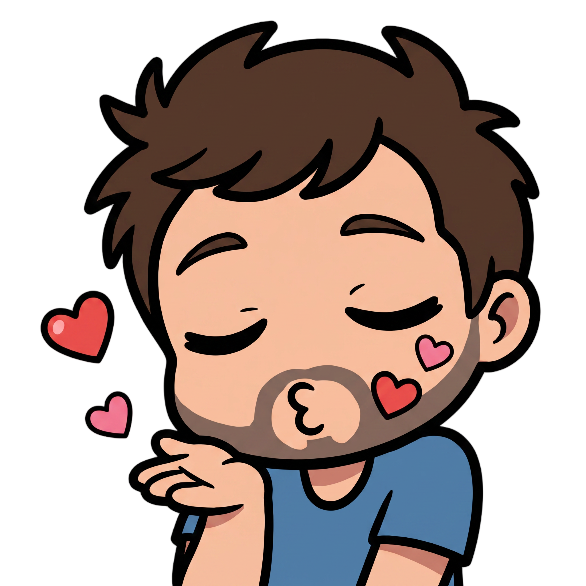 Change this emote to blowing a kiss with hearts floating around, eyes closed sweetly, and one hand near the lips. Keep the exact same character design, outfit, colors, and art style.