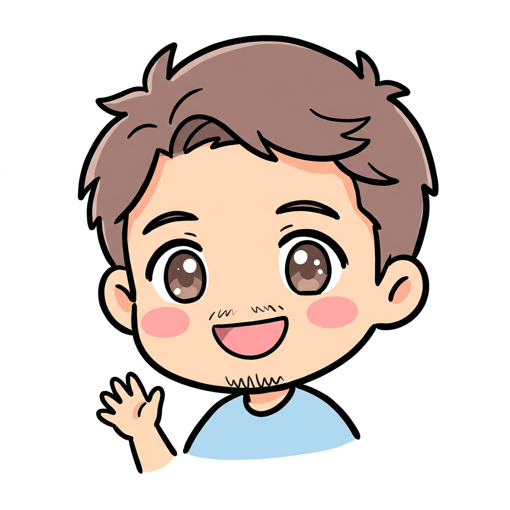 Chibi kawaii Twitch emote of a man with short brown hair, brown eyes and light stubble beard (3-day beard). Oversized head, big expressive eyes, pink blush cheeks, big happy open-mouth smile, one hand raised waving hello. Thick uneven black marker-style outlines, flat pastel colors, minimal detail, doodle sketch style, no shading, no gradients. Head and shoulders framing. with a big cheerful smile and bright sparkling eyes