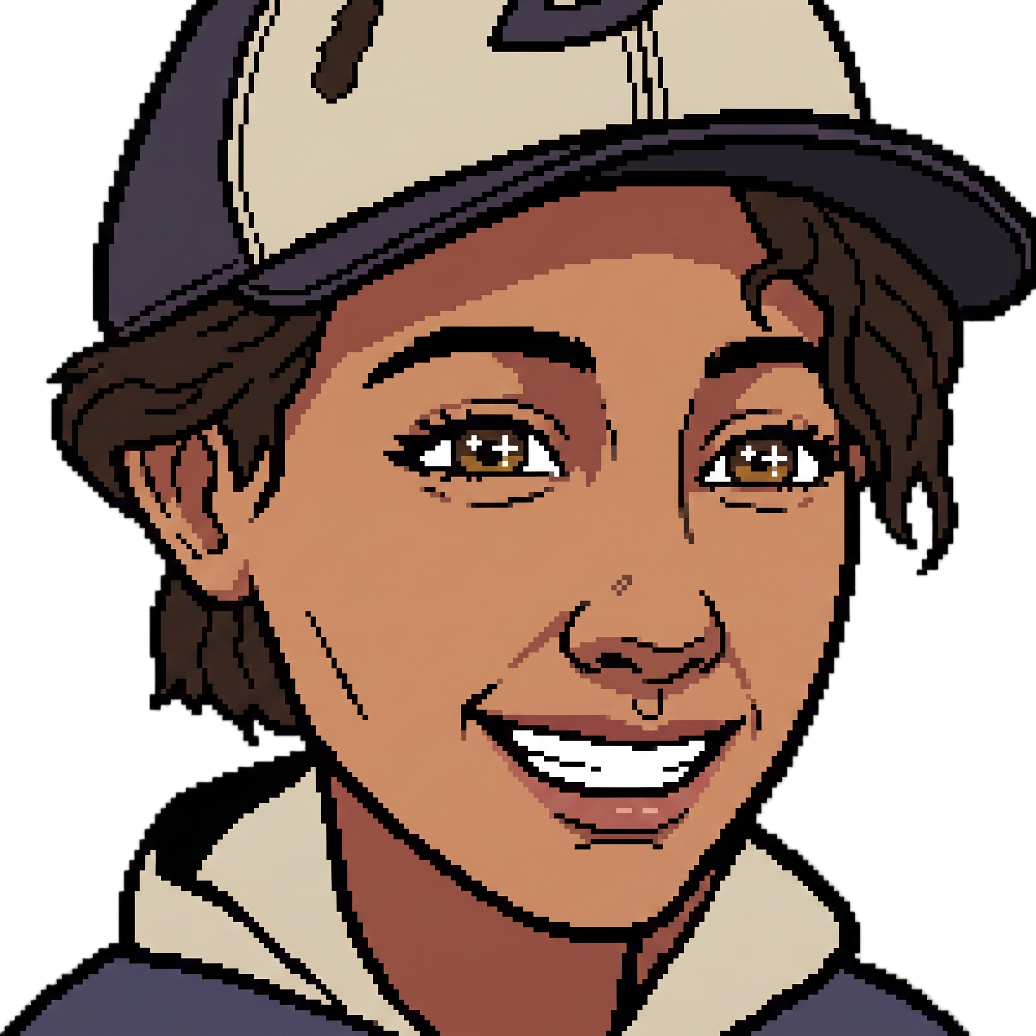 Change this emote's expression to happy with a big cheerful smile and bright sparkling eyes. Keep the exact same character design, outfit, colors, and art style.