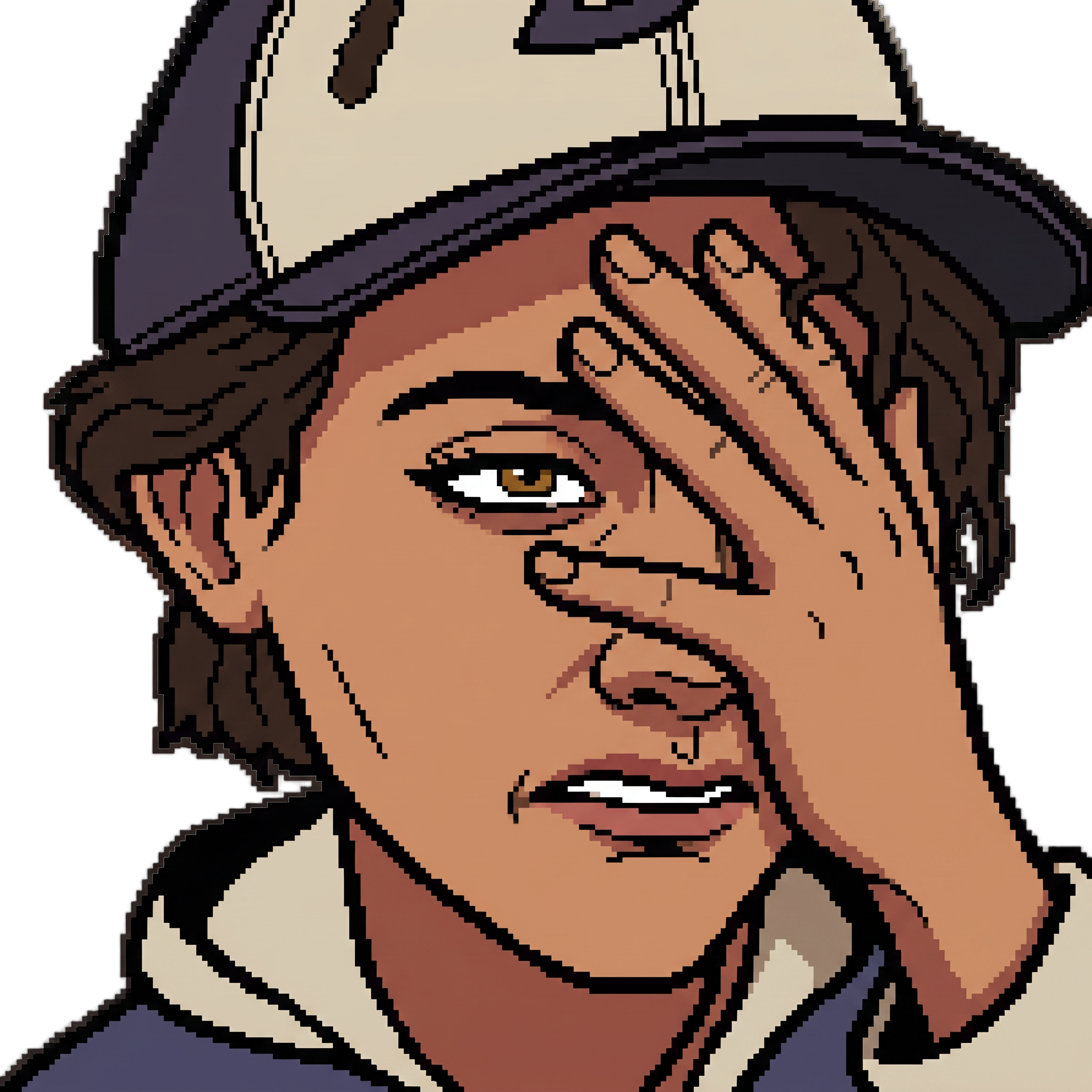 Change this emote to doing a facepalm with one hand covering the face and a frustrated or embarrassed expression. Keep the exact same character design, outfit, colors, and art style.
