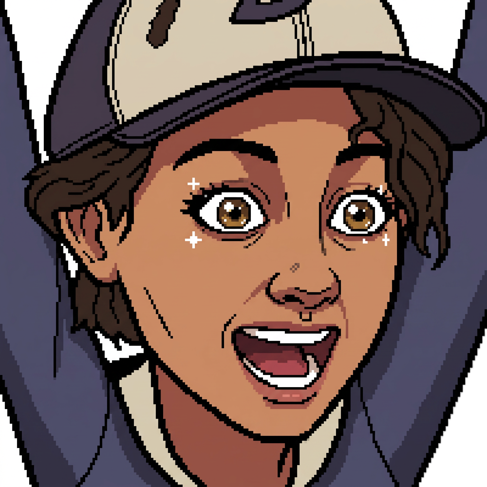 Change this emote's expression to excited and hyped with wide sparkling eyes, open mouth cheering, and raised arms. Keep the exact same character design, outfit, colors, and art style.