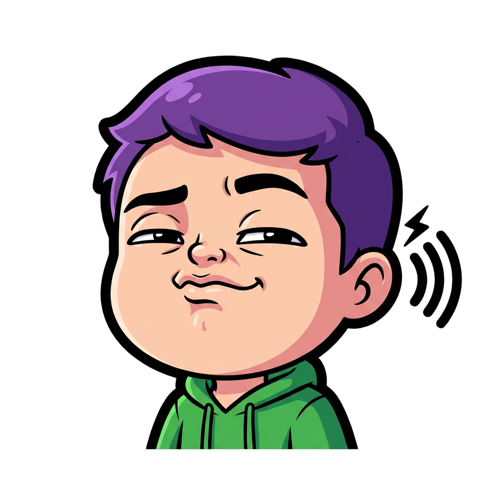 Chibi cartoon character, stank face expression — eyes half closed and squinting, nose slightly wrinkled, lips pressed together in a smug/ satisfied grimace, head slightly tilted back, eyebrows raised. The expression of someone hearing a drop so good it physically hurts. Thick black outline, bold vector style, vivid colors, transparent background, centered composition, Twitch emote safe margins, 112x112px ready. No text. with a big cheerful smile and bright sparkling eyes