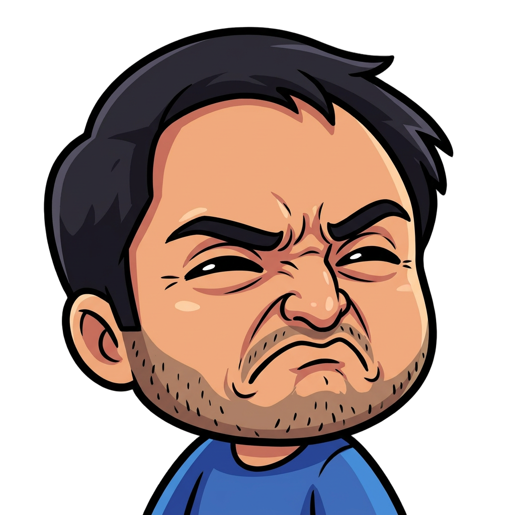 Chibi cartoon character with intense stank face 
expression — eyes nearly shut and squinting hard, 
eyebrows deeply furrowed and pulled down together, 
nose scrunched and wrinkled upward, mouth corners 
pulled sharply downward in a grimace, cheeks 
scrunched up, chin slightly raised. The look of 
someone physically pained by how good the music 
sounds. NOT smiling. NOT happy expression. 
Pure grimace of musical pleasure. 
Thick bold black outline, flat cartoon vector style, 
vivid saturated colors, transparent background, 
centered, Twitch emote ready 112x112px. No text.