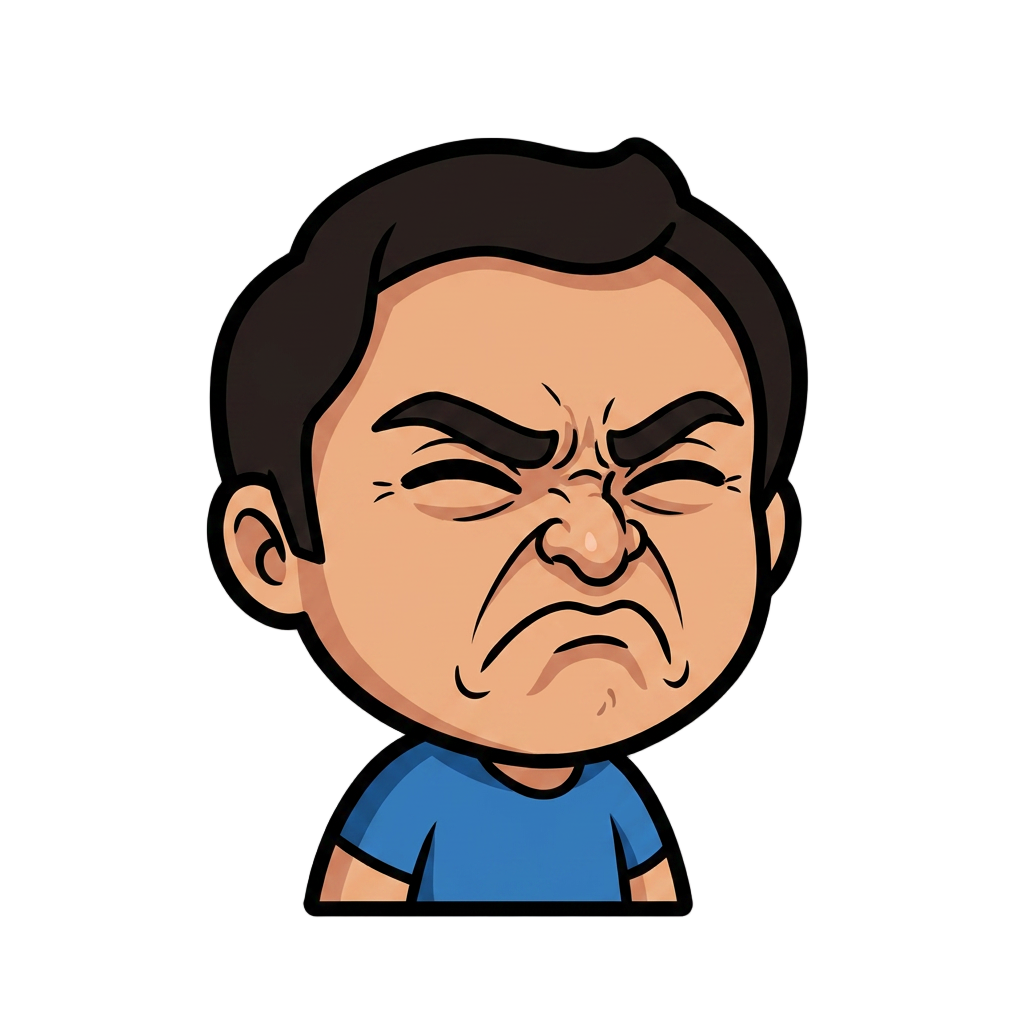 Chibi cartoon character with intense stank face 
expression — eyes nearly shut and squinting hard, 
eyebrows deeply furrowed and pulled down together, 
nose scrunched and wrinkled upward, mouth corners 
pulled sharply downward in a grimace, cheeks 
scrunched up, chin slightly raised. The look of 
someone physically pained by how good the music 
sounds. NOT smiling. NOT happy expression. 
Pure grimace of musical pleasure. 
Thick bold black outline, flat cartoon vector style, 
vivid saturated colors, transparent background, 
centered, Twitch emote ready 112x112px. No text.
the image is for reference, but make the man in other style, maybe without beard.
