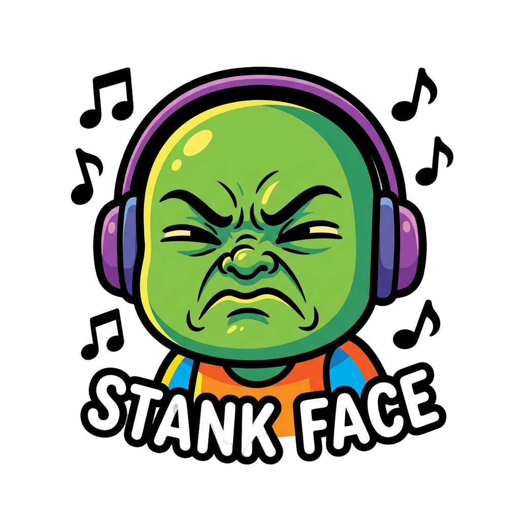 Chibi cartoon character with intense stank face  expression — eyes nearly shut and squinting hard,  eyebrows deeply furrowed and pulled down together,  nose scrunched and wrinkled upward, mouth corners  pulled sharply downward in a grimace, cheeks  scrunched up, chin slightly raised. The look of  someone physically pained by how good the music  sounds. NOT smiling. NOT happy expression.  Pure grimace of musical pleasure.  Thick bold black outline, flat cartoon vector style,  vivid saturated colo with a big cheerful smile and bright sparkling eyes, make him  enjoying music not irritated

